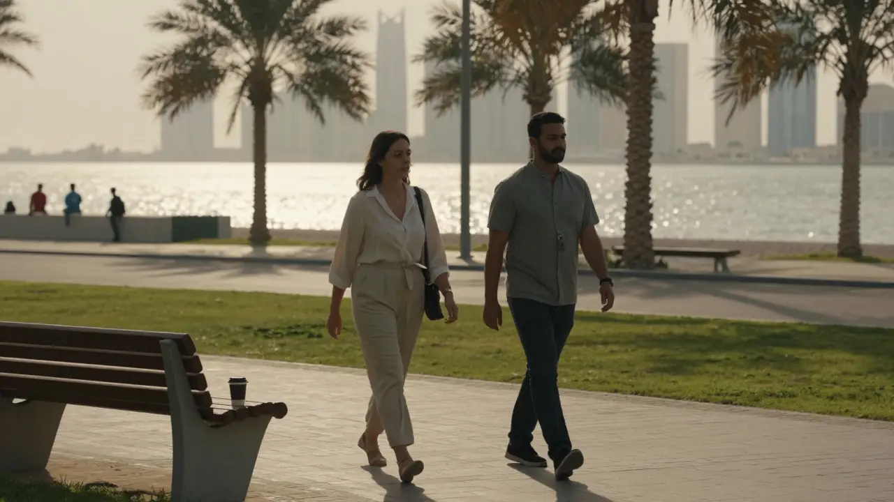 A man and woman walking side by side along the Corniche at sunset, sharing a peaceful moment.