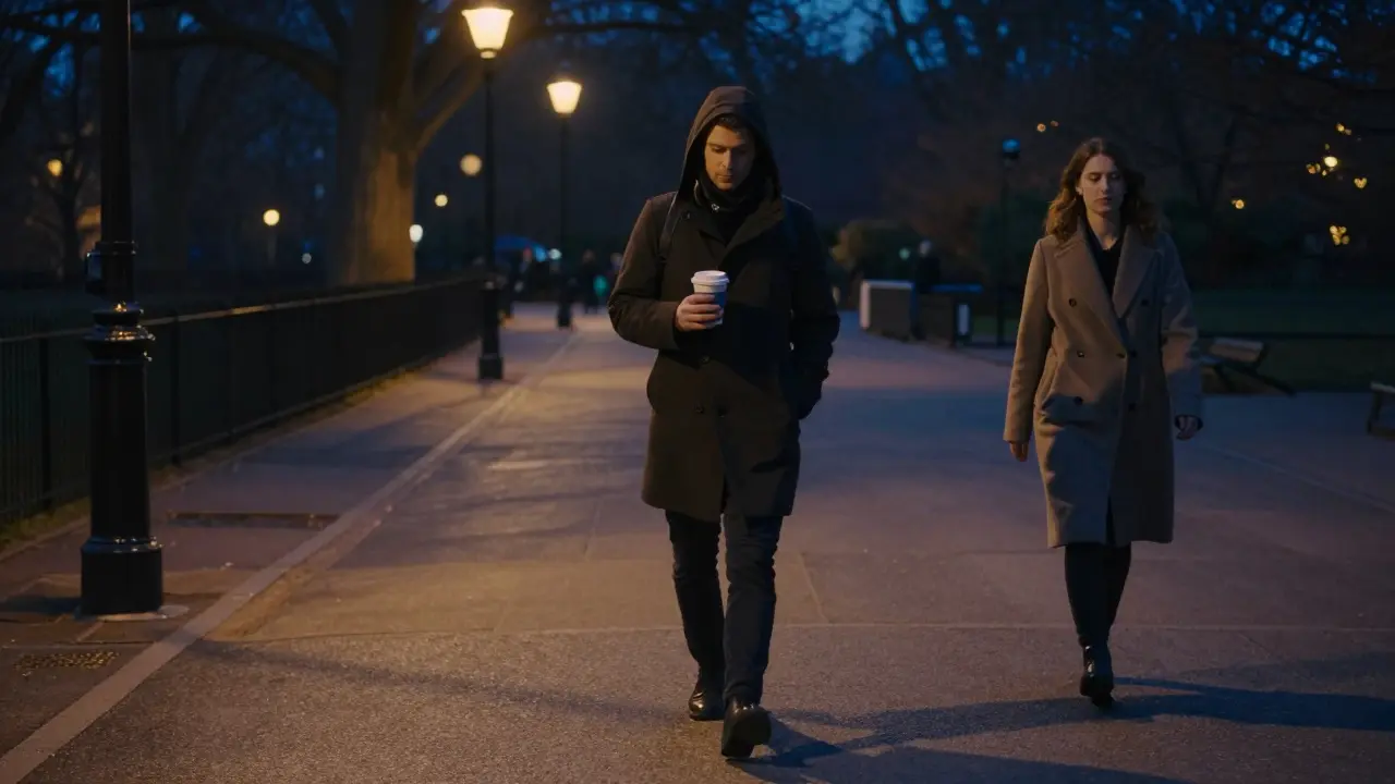 A man and woman walking side by side through Hyde Park at night, their shadows long under streetlamps.