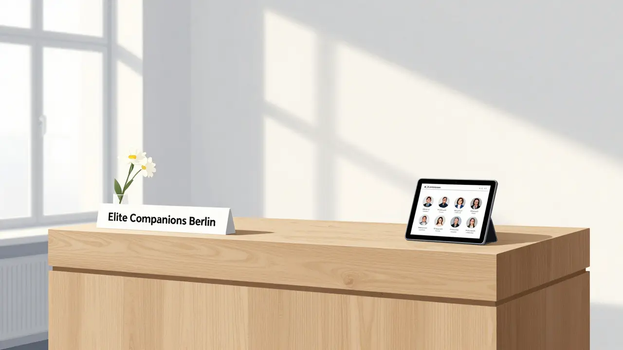 A minimalist escort agency office in Mitte with a clean reception desk and verified profiles on a tablet.