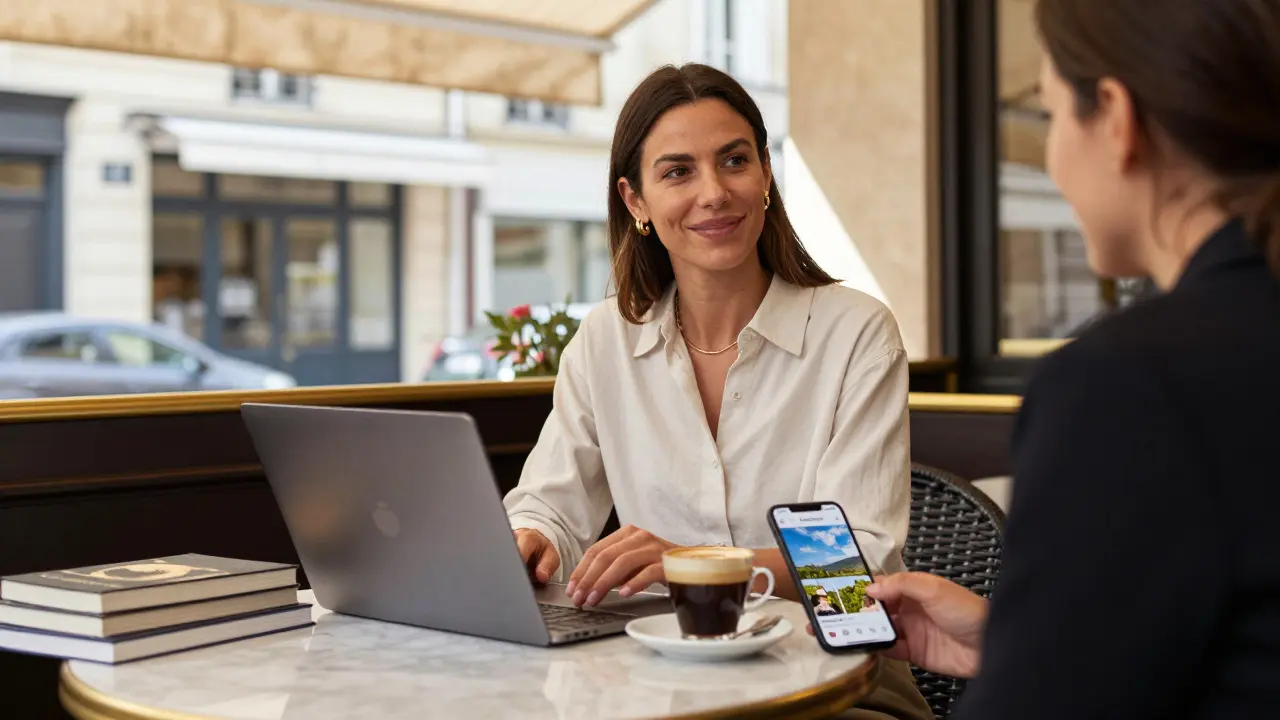 A modern freelance escort at a Paris café, engaging in conversation with a client.
