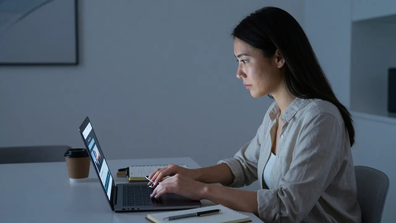 A modern woman works on her laptop in a softly lit apartment, a discreet escort app visible on her phone.