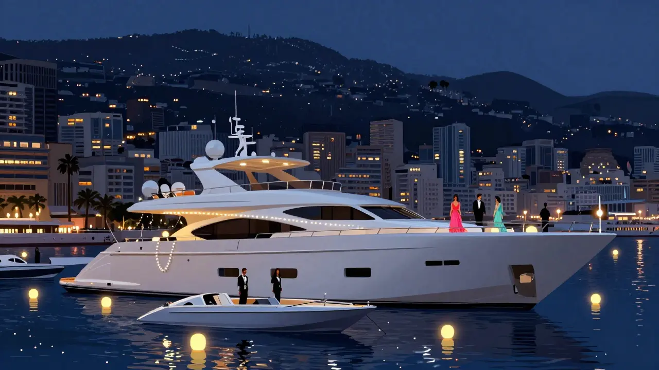 A private yacht illuminated by lanterns at night, guests in elegant attire stepping onto the deck from speedboats.