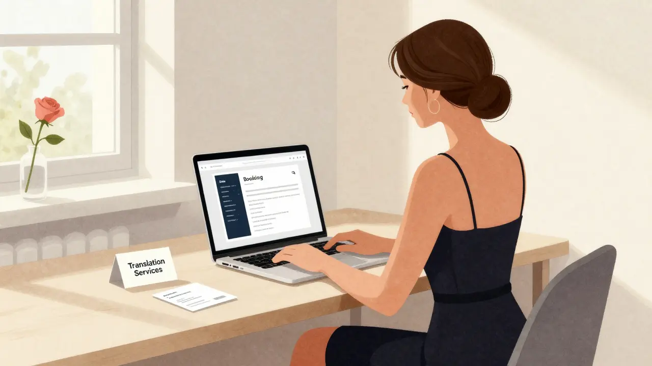 A professional&#039;s modest apartment with a laptop open to a booking site and a translation services card, conveying dignity and quiet work.