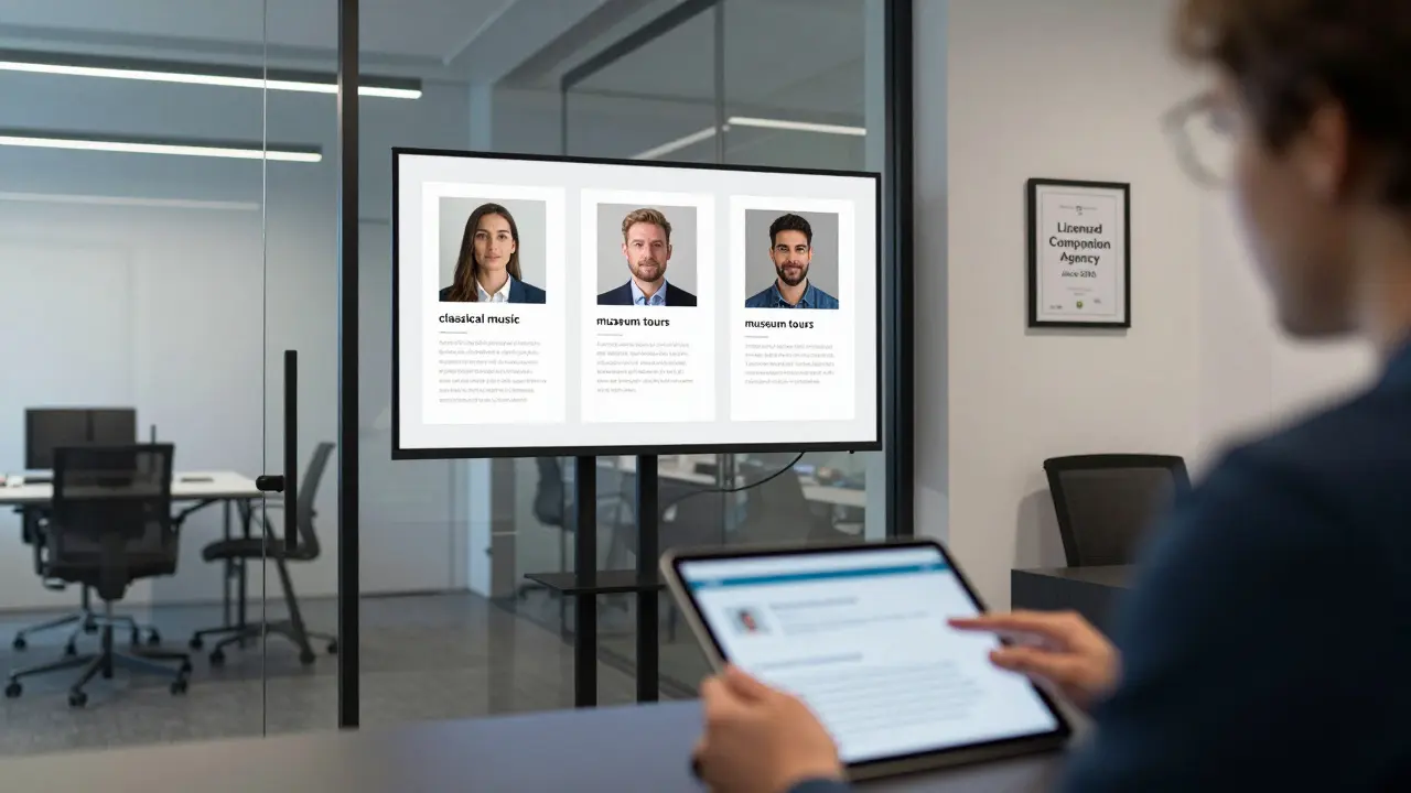 A professional agency screen displaying vetted companion profiles with bios and interests.