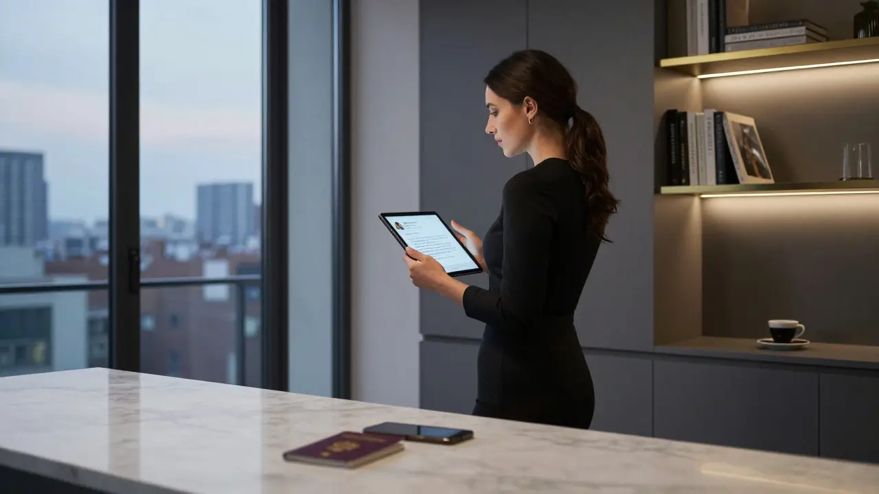 A professional woman in a black dress standing by a window in a modern Milan apartment, holding a tablet with client reviews.