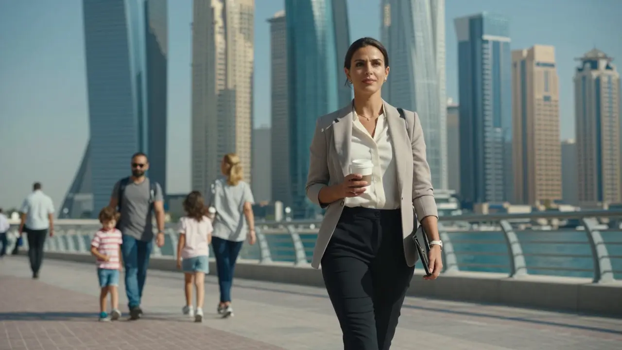 A professional woman walking along Dubai Marina at midday, calm and composed amid the city's luxury skyline.