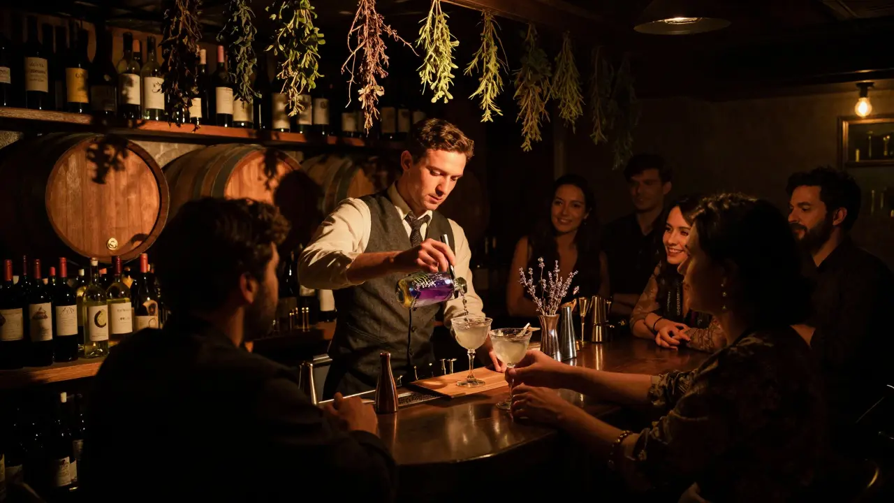 A secret cellar speakeasy with wooden barrels and herbs, where a bartender prepares a unique cocktail in near darkness.