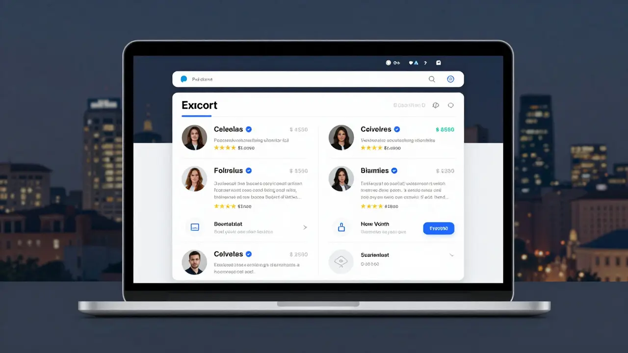 A secure online platform displays verified escort profiles with clear pricing and client reviews on a laptop screen.