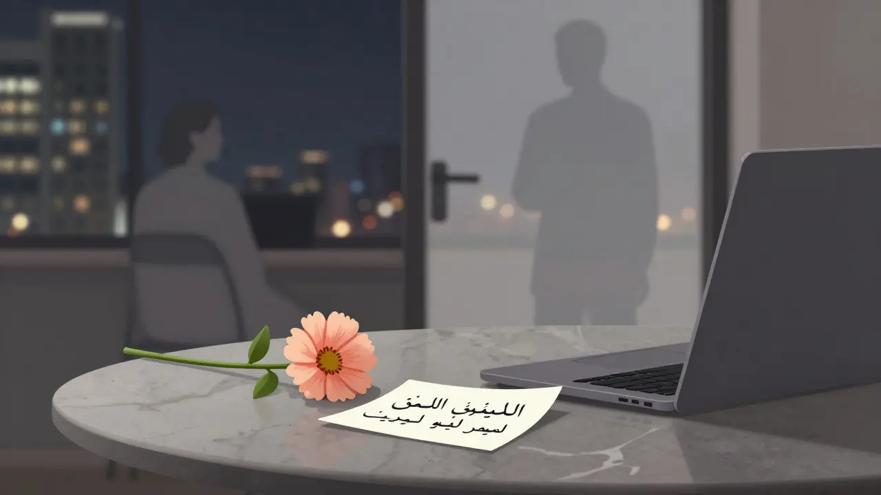 A single flower and handwritten note on a marble table, symbolizing respect and discretion in a Dubai companion experience.