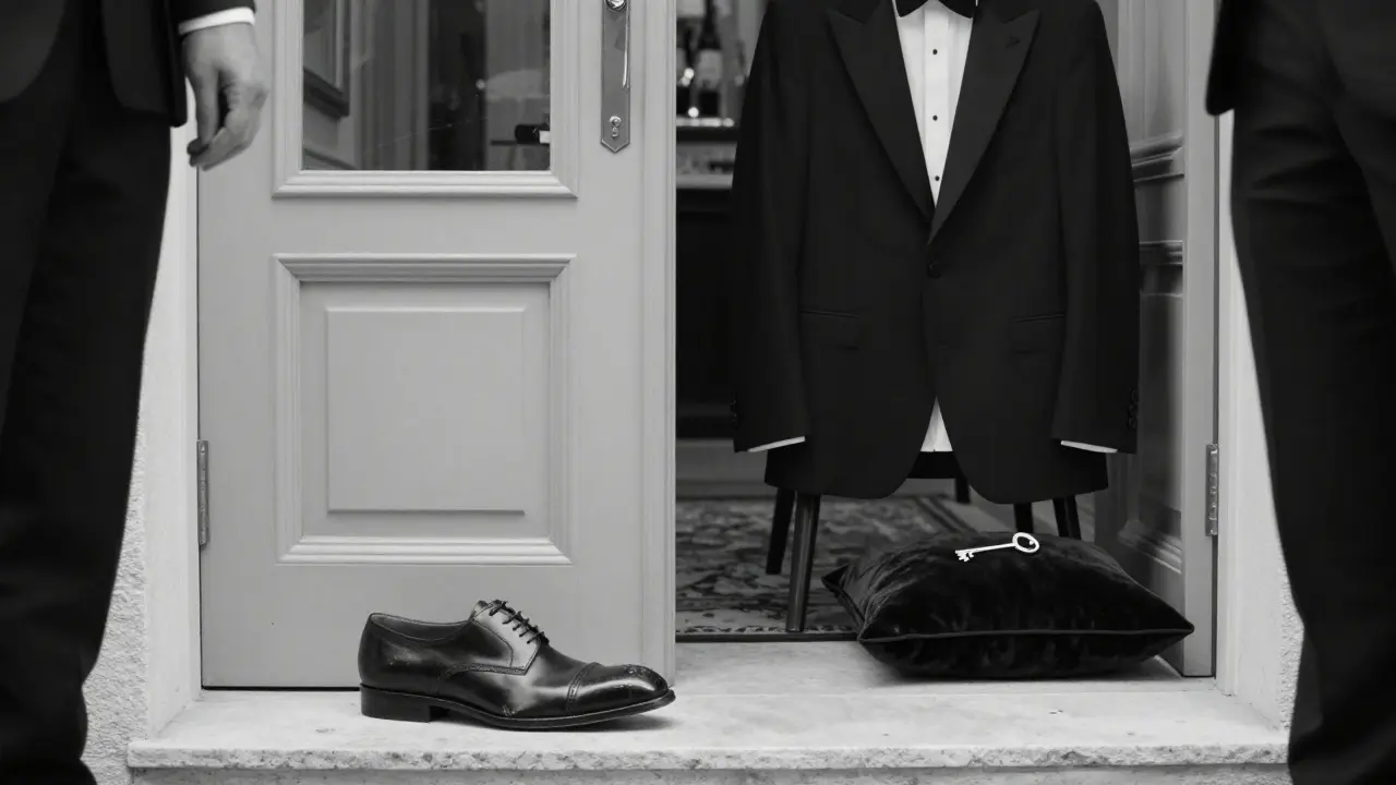 A single scuffed shoe outside a closed door, a tuxedo jacket on a chair, symbolizing strict elite entry rules.