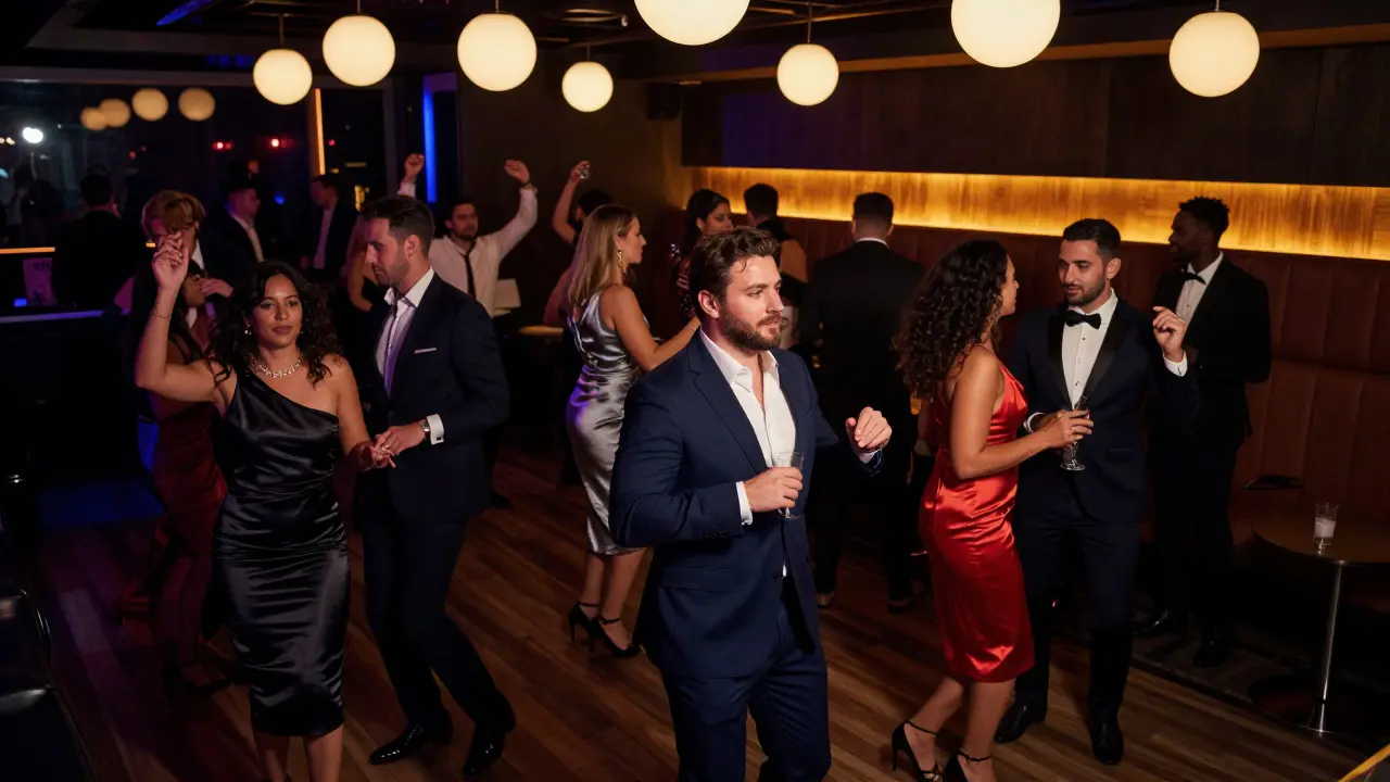 A sophisticated nightclub with guests dancing gracefully in elegant attire under soft ambient lighting.