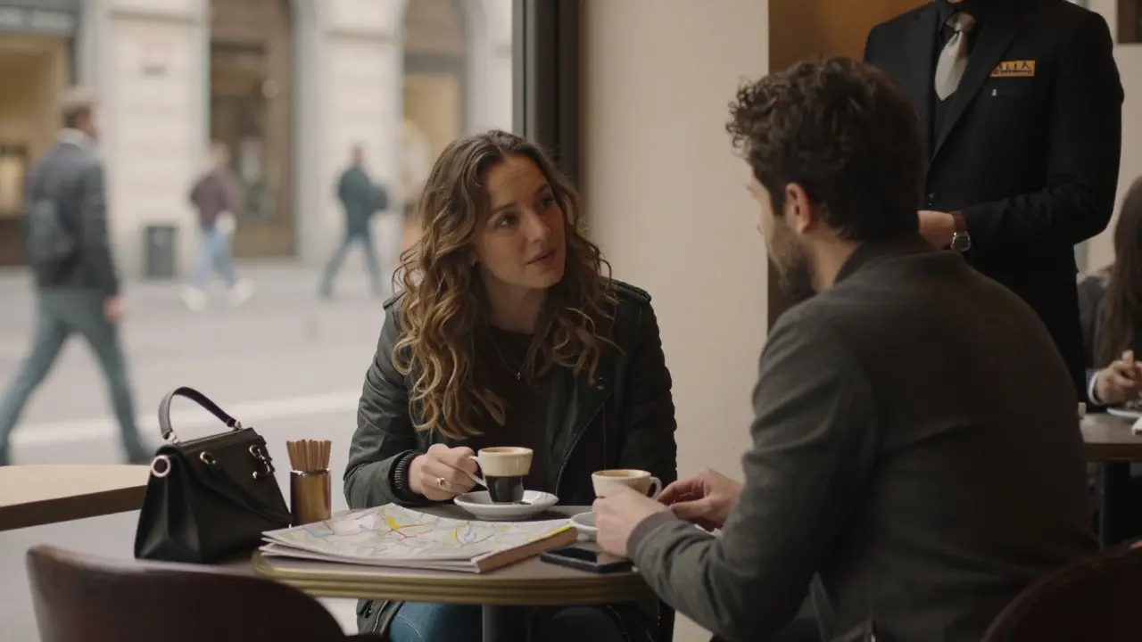 A traveler and escort enjoy quiet conversation at a café in Milan’s Brera district, surrounded by books and natural light.