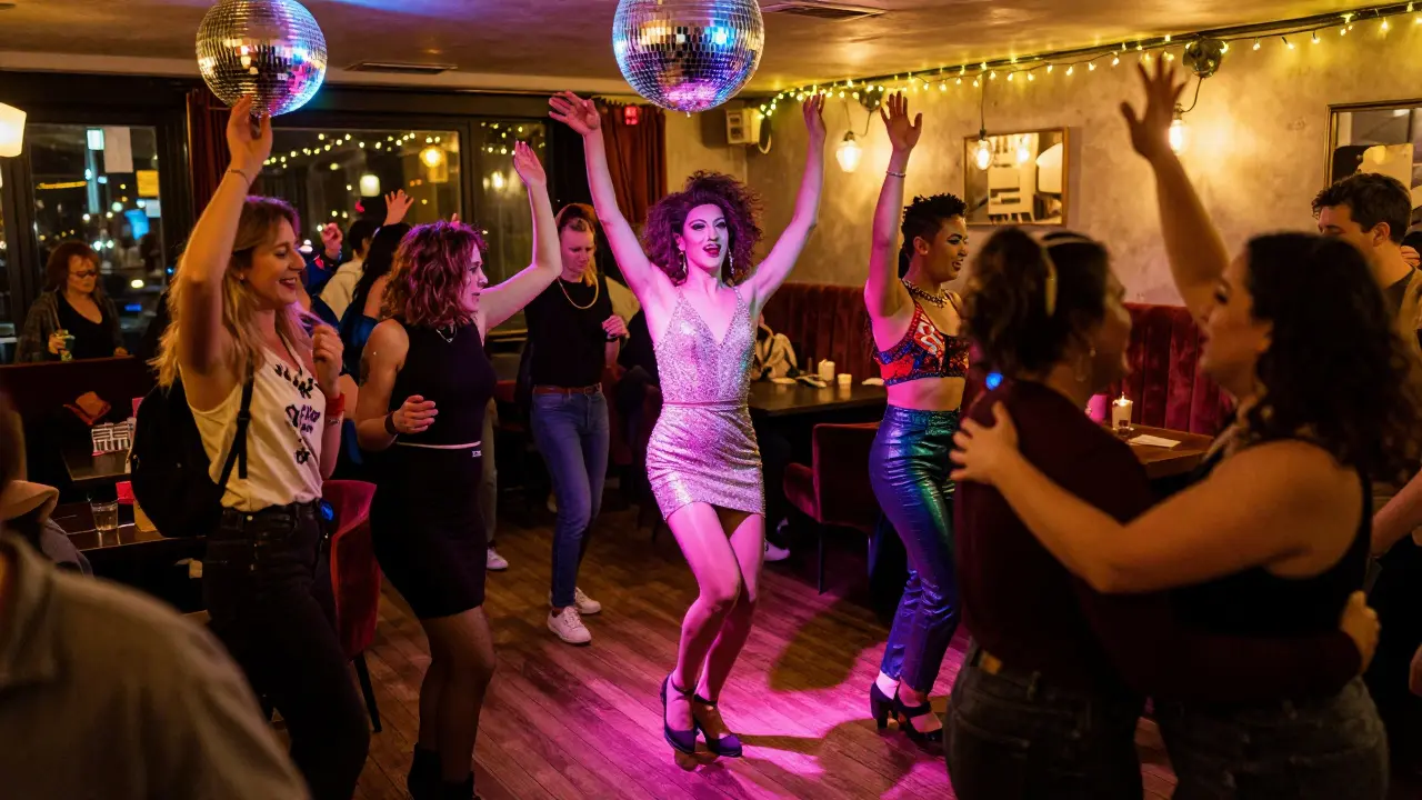 A vibrant queer dance party with drag performers and joyful guests under disco lights.