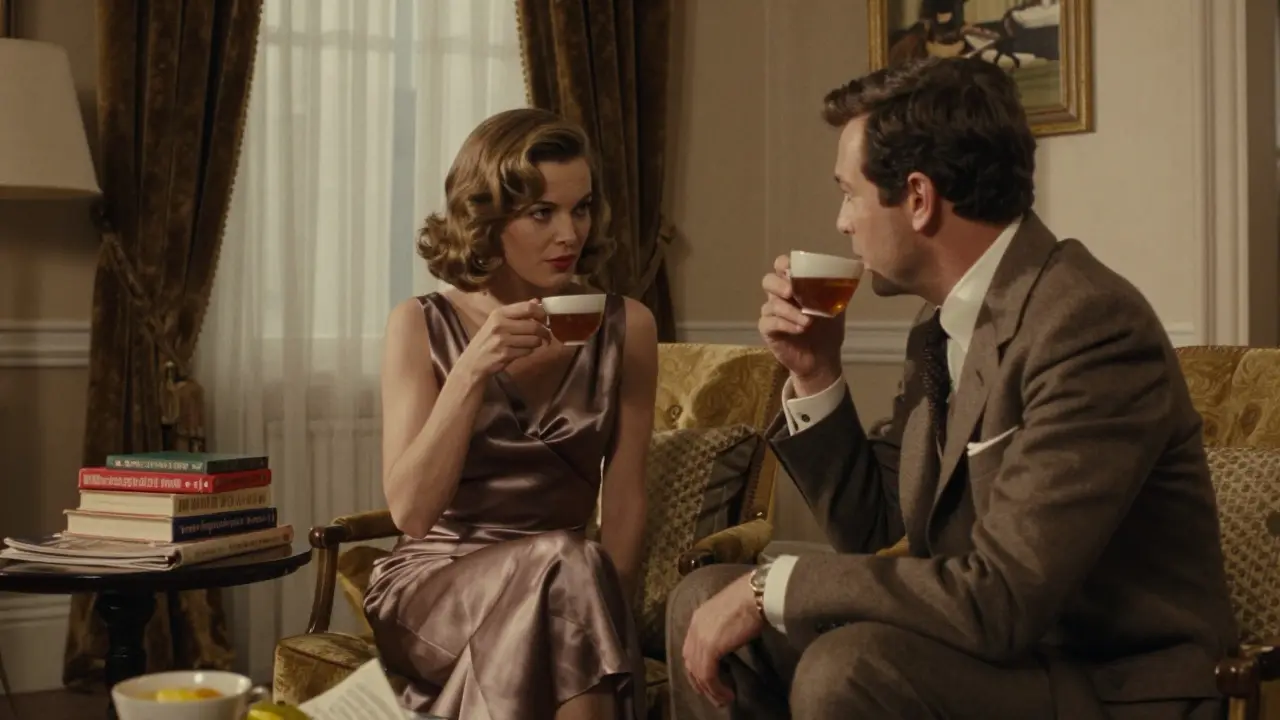 A well-dressed woman and man share quiet conversation in a 1970s London sitting room, books and tea visible.