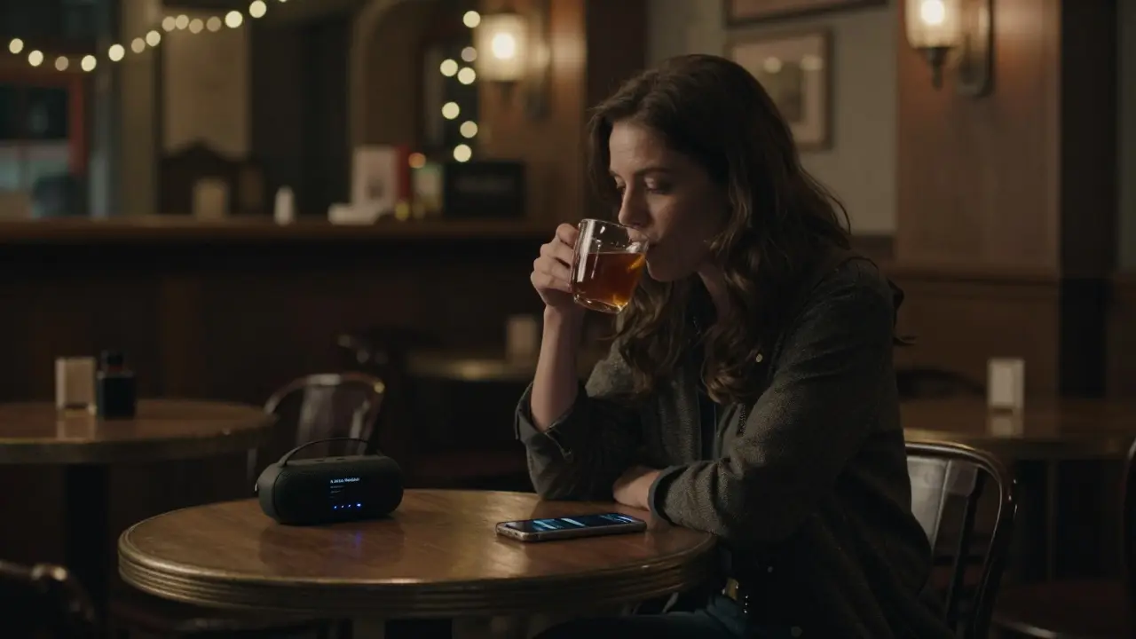 A woman alone in a cozy jazz bar, sipping tea as soft music plays from a speaker nearby.