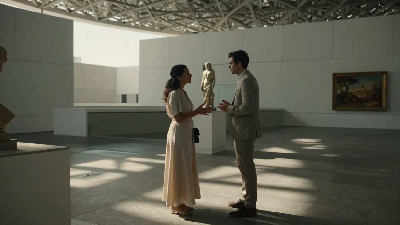 A woman and man discussing art in a quiet corner of Louvre Abu Dhabi after hours.