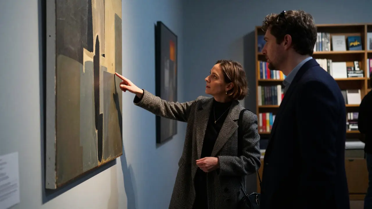 A woman guides a man through an exclusive art gallery after hours, sharing insight beneath soft museum lighting.