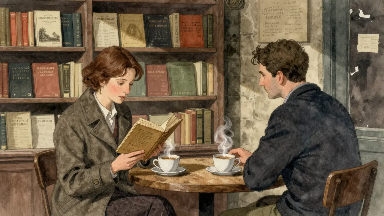 A woman reads poetry aloud in a cozy bookshop, a man listens attentively over tea.