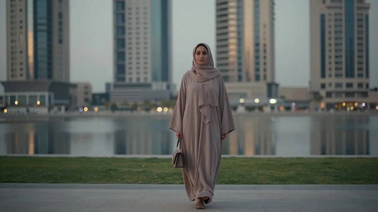 A woman walking peacefully through a moonlit garden in Abu Dhabi, surrounded by luxury skyline reflections.