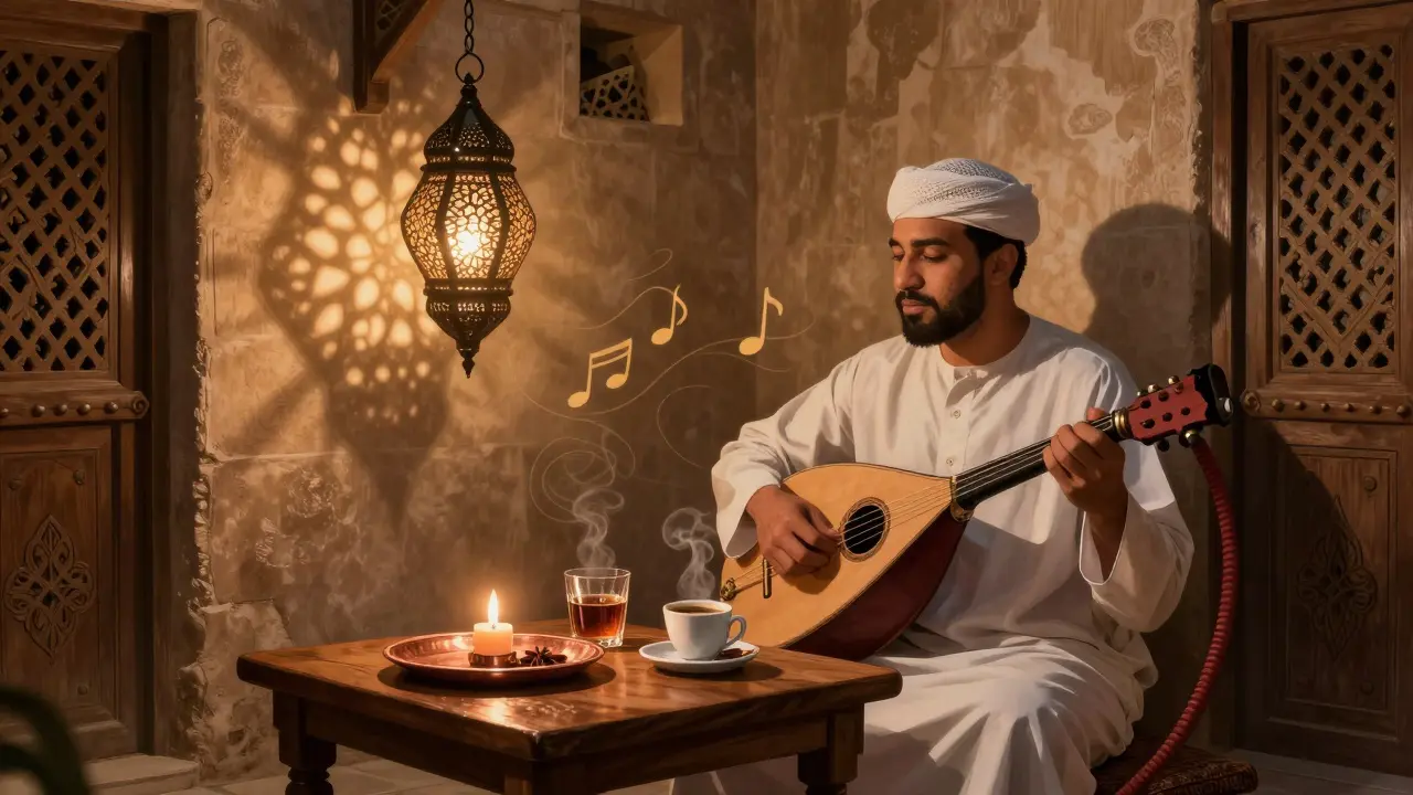 Al Irfan lounge with Arabic lanterns, hookah, and spiced rum glass in historic Dubai neighborhood.