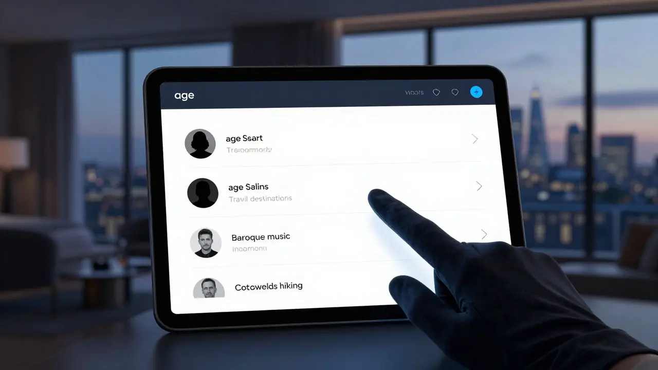 An anonymous digital profile portal displays interests and languages without photos, viewed on a sleek tablet in a luxury hotel room.