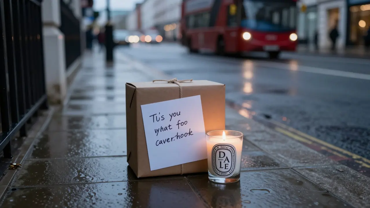 An anonymous gift box with a candle left on a London doorstep at dusk, discreet and respectful.