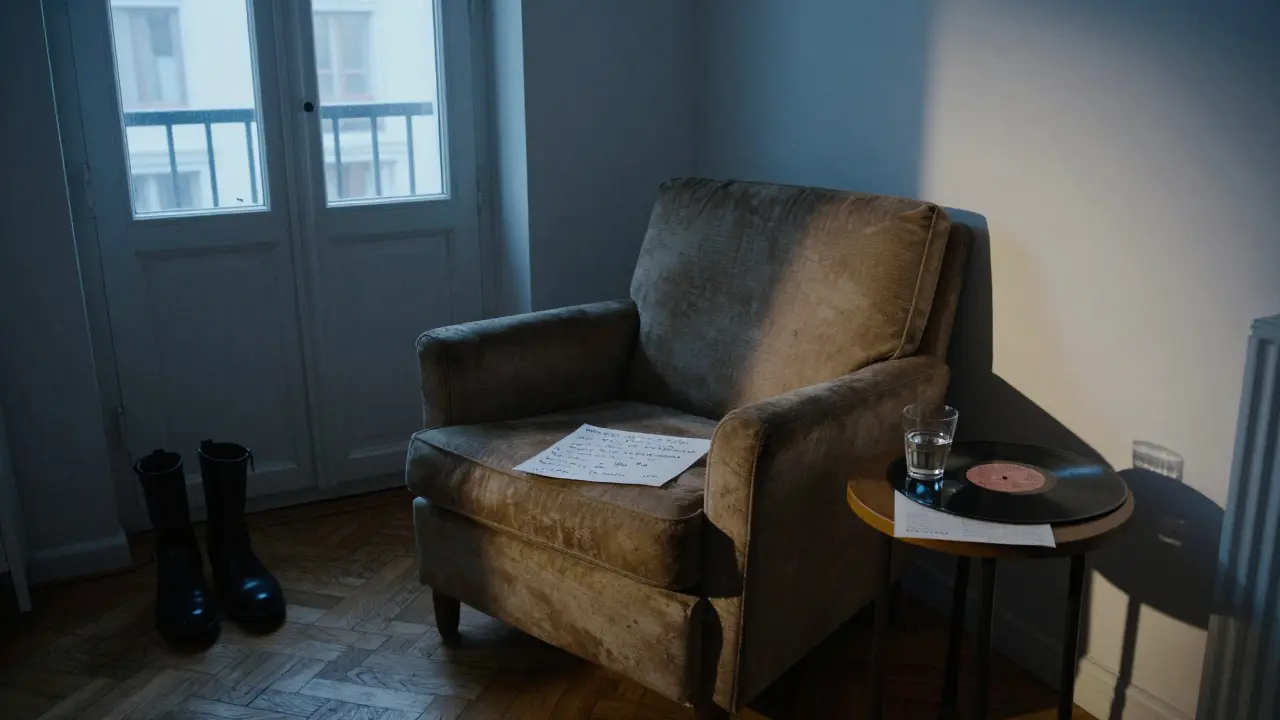 An empty apartment at dawn with a handwritten note and leather boots, suggesting a meaningful departure.
