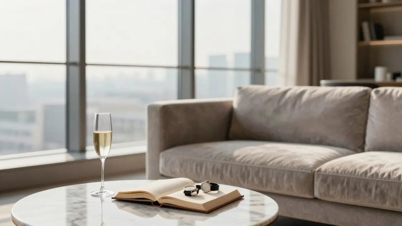 An empty luxury penthouse at dawn, with champagne and a book left behind, suggesting a discreet departure.