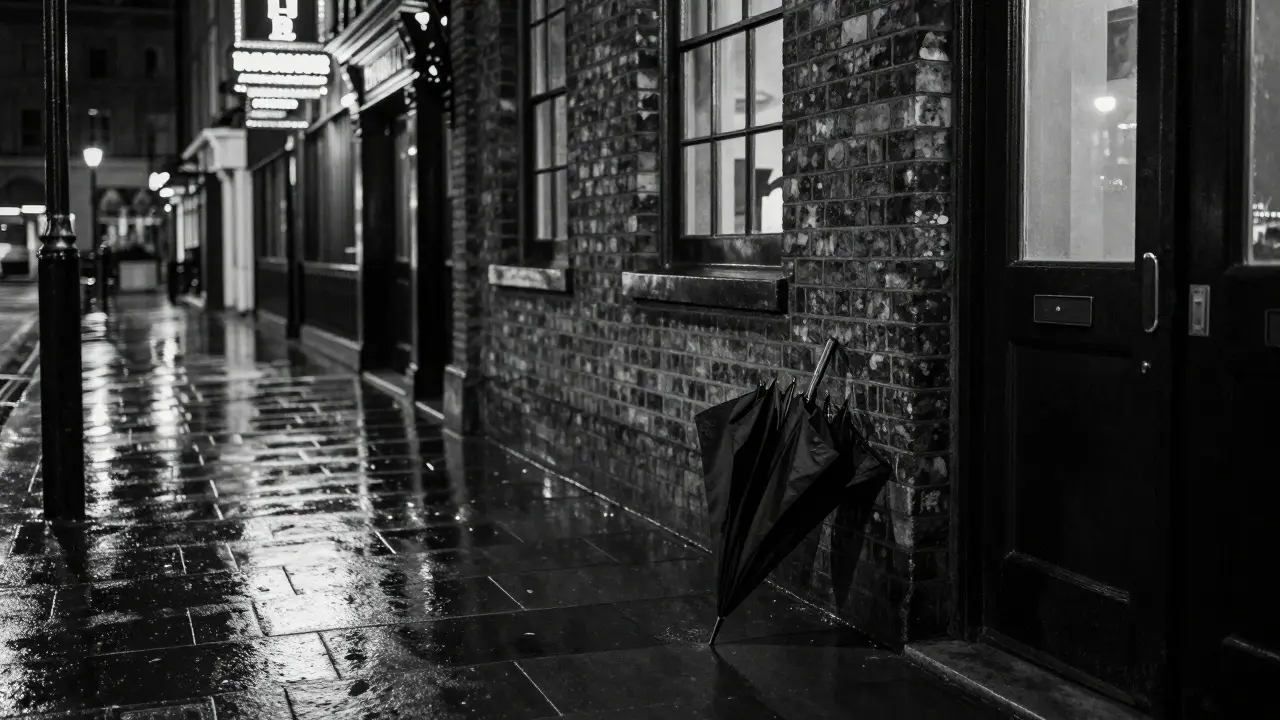 An empty rainy London street outside a hotel, symbolizing privacy and the unspoken nature of the encounter.