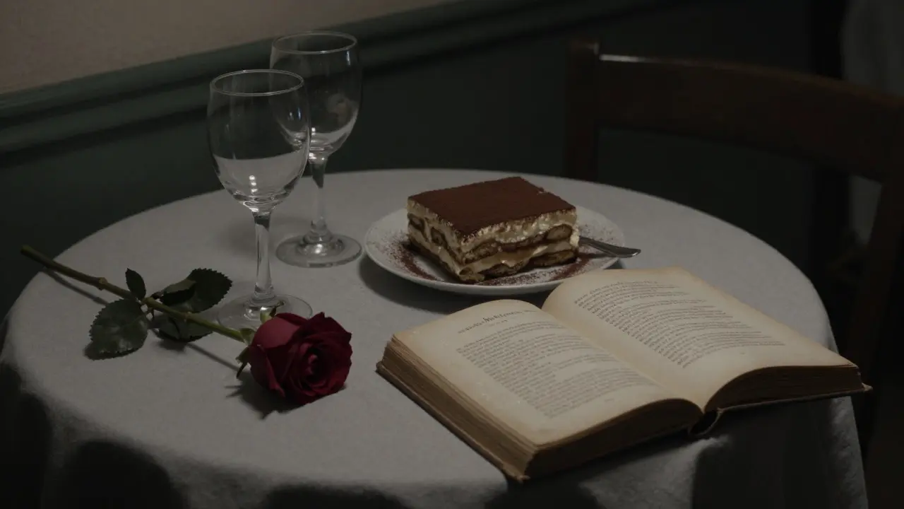An empty restaurant table with wine glasses, a rose, and an open book of Italian poetry after a quiet evening.