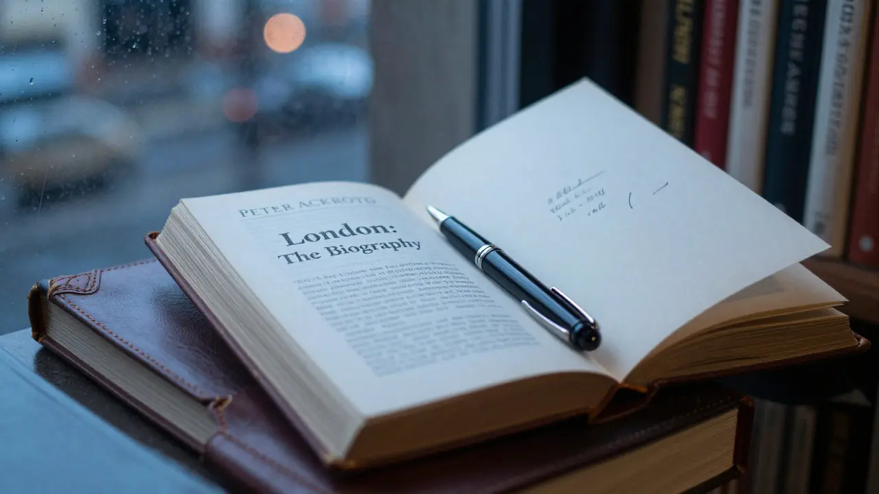 An open book with handwritten name inside, resting on a table beside a fountain pen in a London setting.