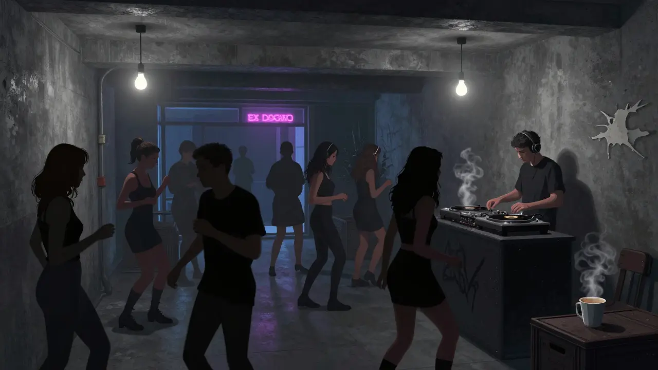 An underground venue with concrete walls and dim lights, people dancing quietly to vintage Italian disco.