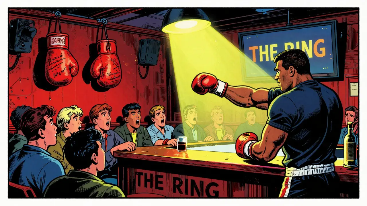 Boxing fans in The Ring pub watching a historic fight, signed gloves on wall, crowd counting punches dramatically.