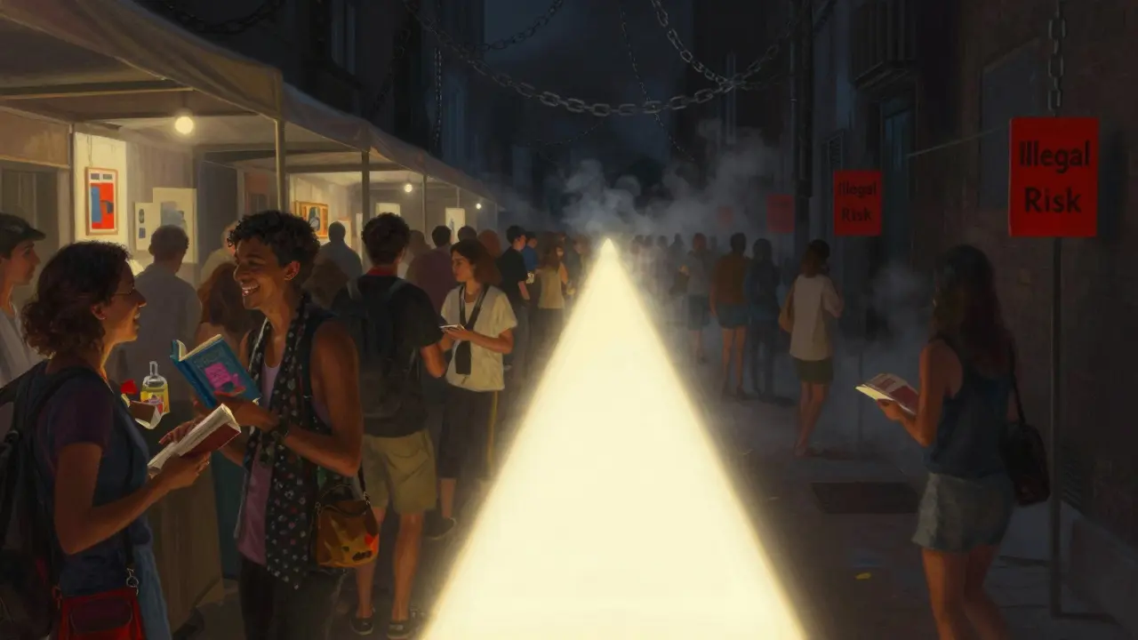 Bright path of safe social connection leading away from dark illegal alley, symbolizing alternatives to risky encounters.