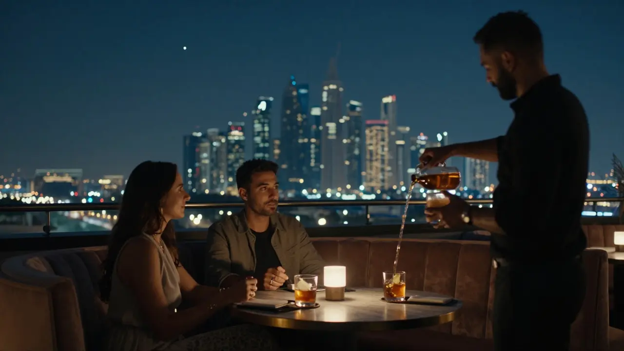 Couple enjoying quiet cocktails on a rooftop lounge as city lights glow below at night.