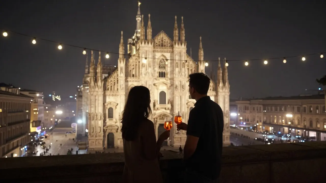 Couple on rooftop terrace with Duomo glowing behind them, sipping Aperol spritzes at night.
