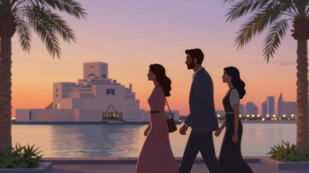 Couple walking along Abu Dhabi&#039;s Corniche at sunset near the Louvre museum, dressed formally, sharing quiet conversation.