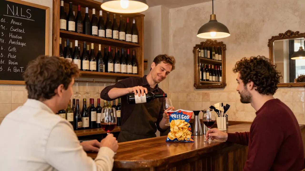Cozy wine bar with chalkboard menu and patrons sipping wine in a quiet Paris neighborhood.