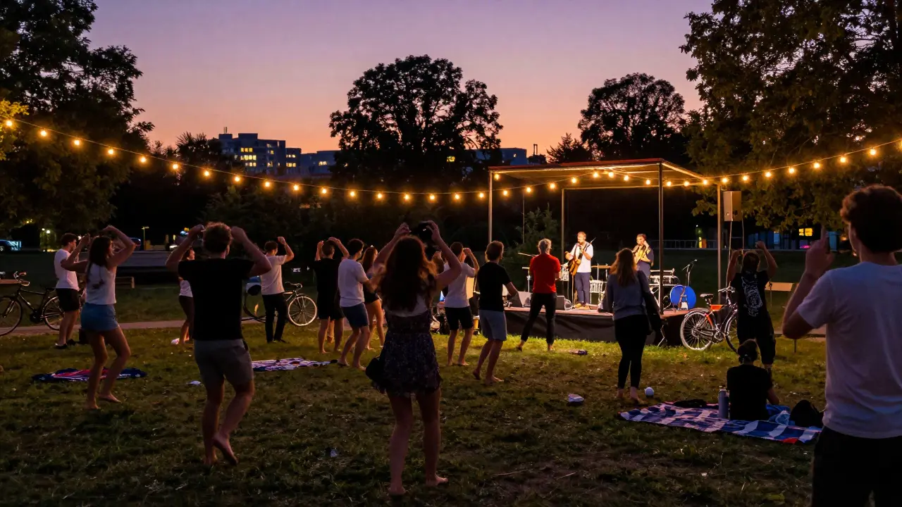 Crowd dancing at a free outdoor concert in a Paris park under string lights at dusk.