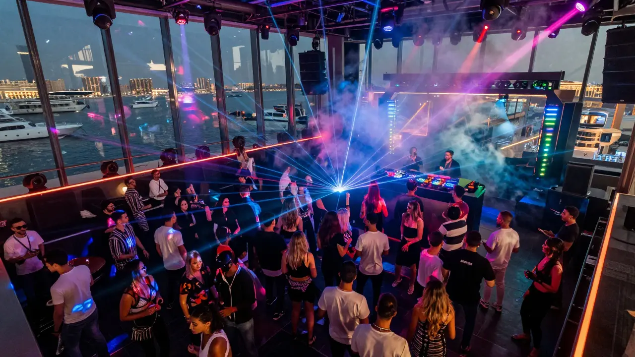 Crowd dancing under dynamic laser lights inside XS Dubai nightclub with waterfront reflections in the background.
