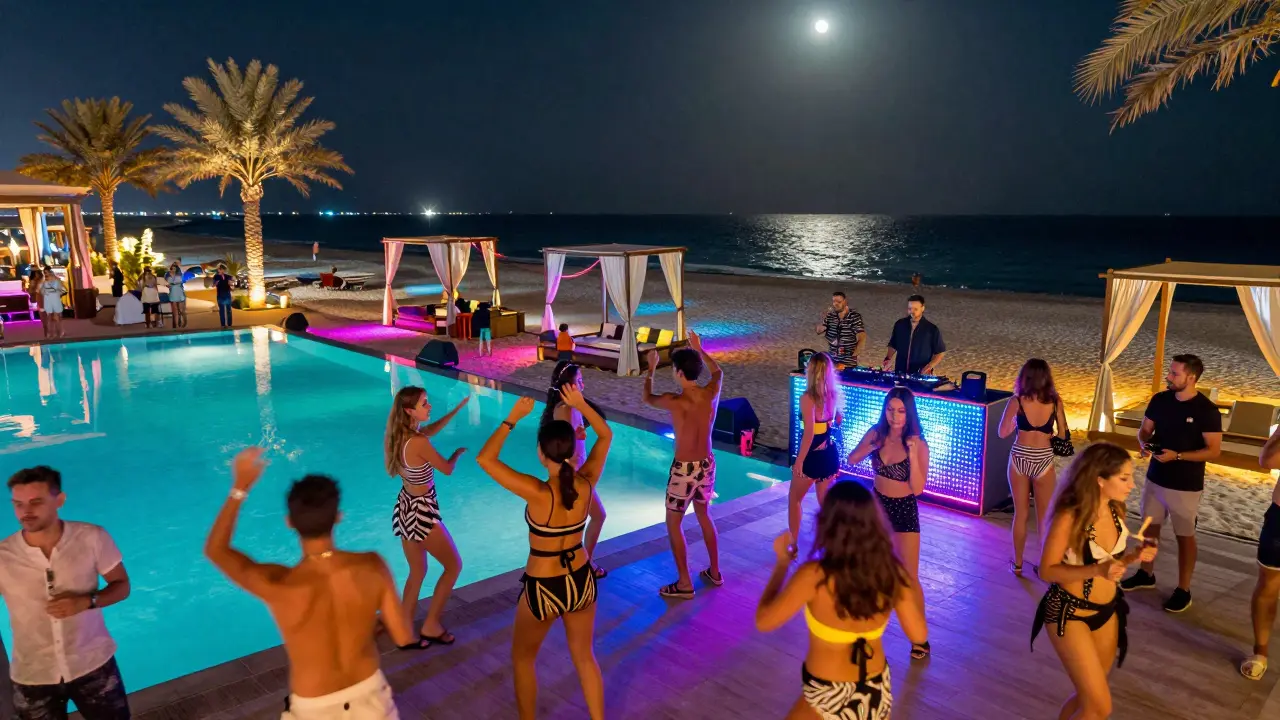 Crowd dancing under neon lights at White Beach Dubai with ocean and palm trees in the background.
