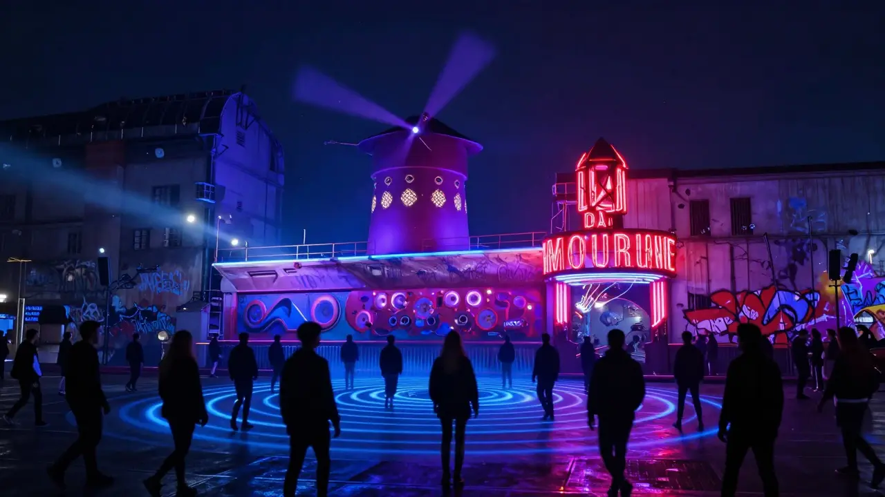 Crowd moving in unison in an industrial warehouse, pulsing neon lights and visible bass waves creating immersive electronic energy.