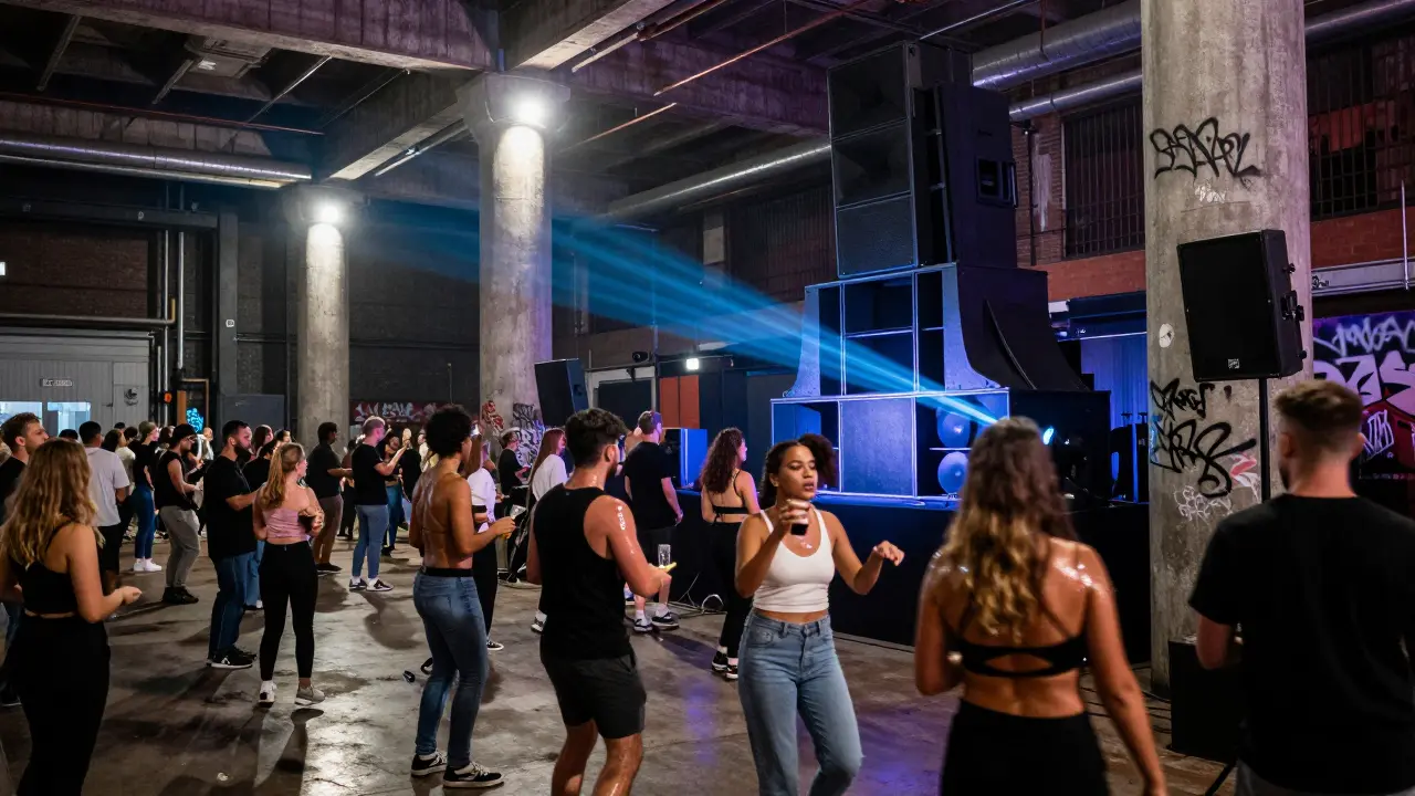 Dancers in an industrial warehouse club under pulsing lights at night.
