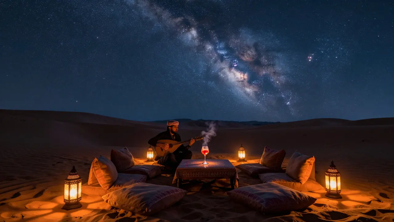 Desert sky bar under starry Milky Way, lanterns and oud musician in Bedouin-style seating.