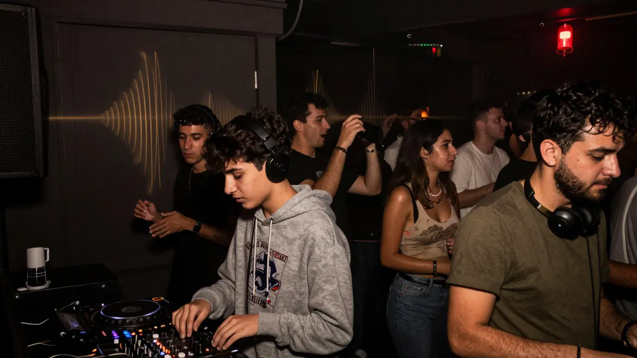 Diverse crowd dancing underground to deep house music in a dim, no-frills club.