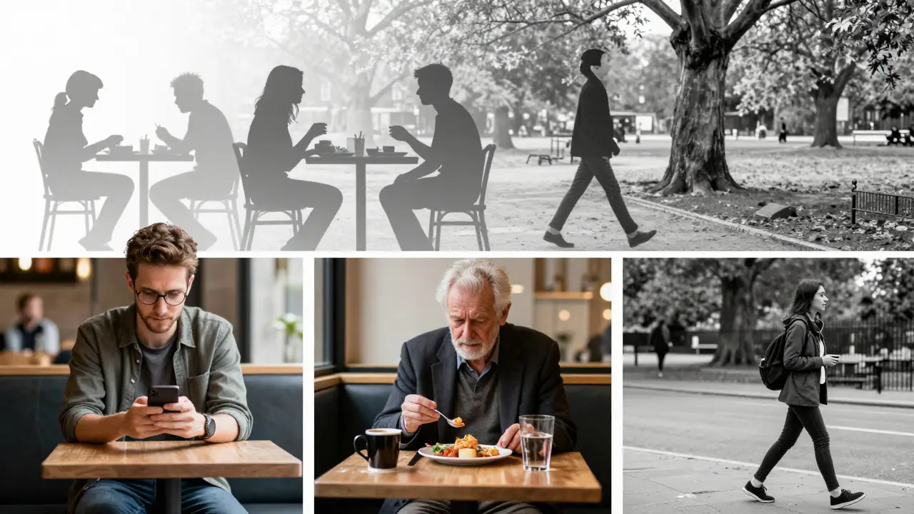 Diverse Londoners alone in daily life, with faint silhouettes of companions beside them.