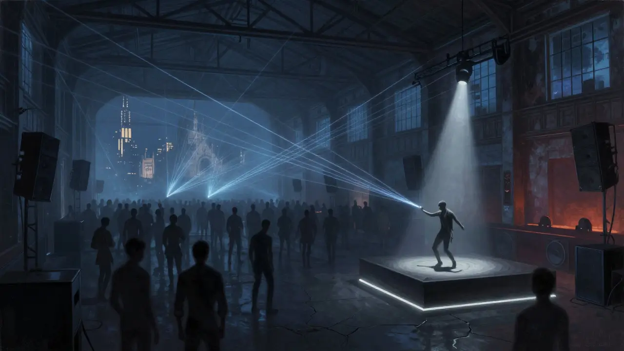 Electric nightclub interior with dancers under laser lights in a converted warehouse, Milan skyline visible in distance.