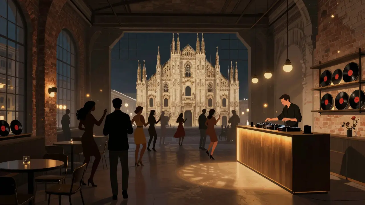 Elegant club interior at Corso Como with dancers under soft disco lights and the Duomo visible through windows.