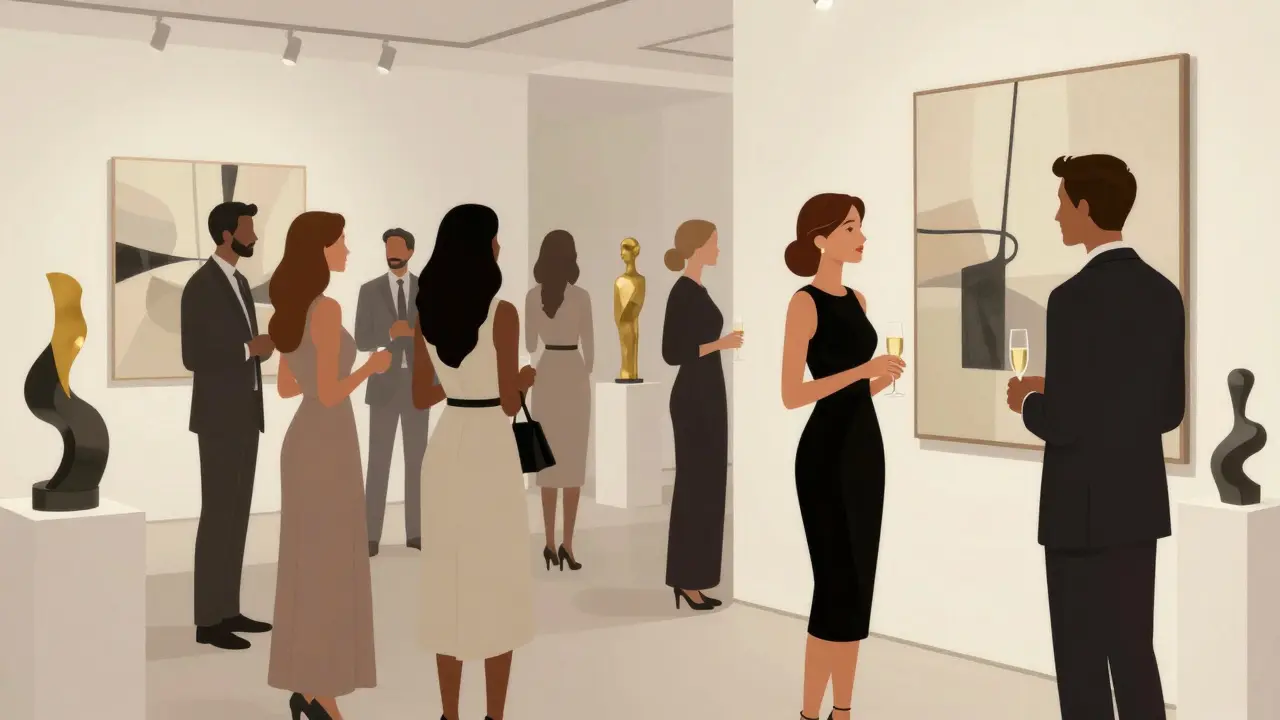 Elegant guests converse at a private Dubai gallery opening, focusing on refined social interaction.
