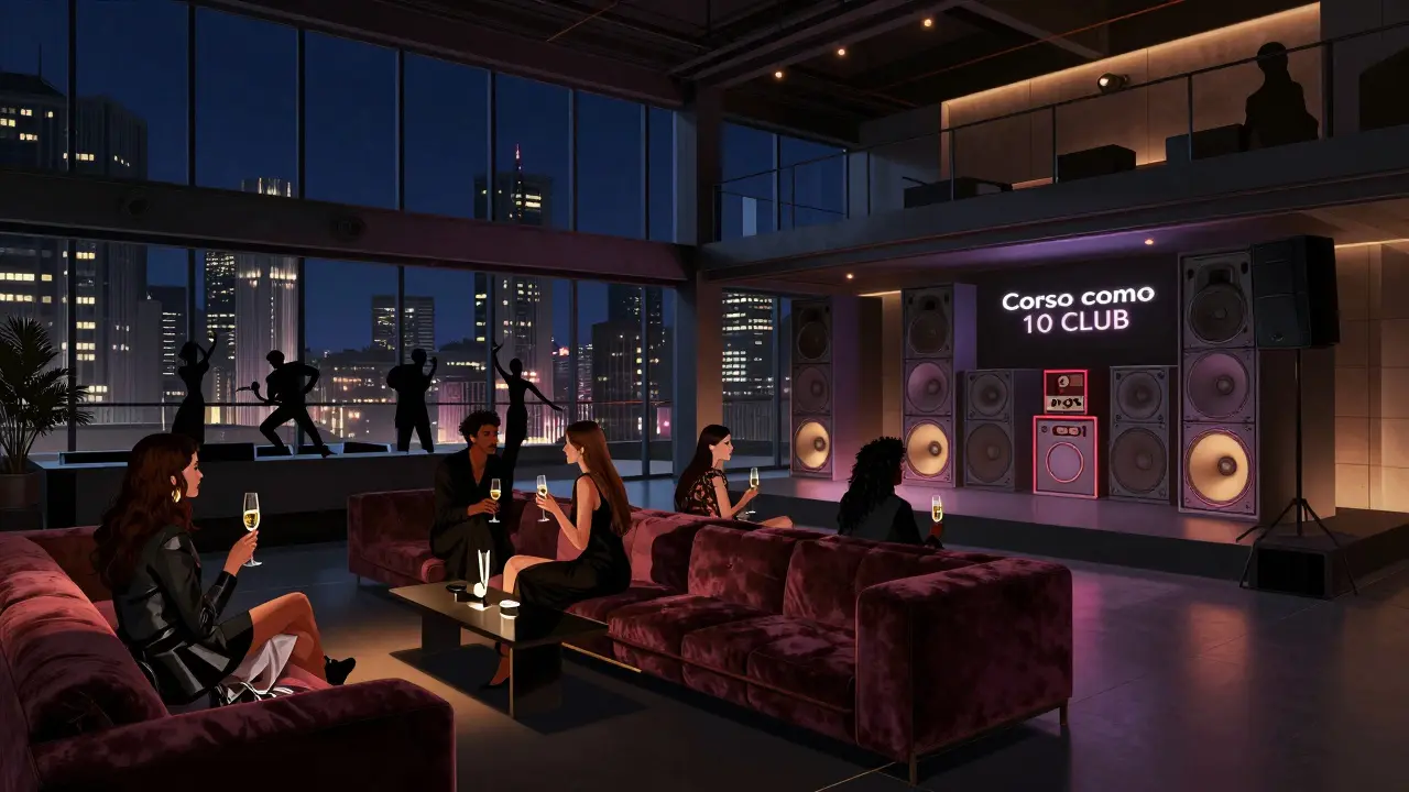 Elegant nightclub at Corso Como 10 with fashionable guests and glowing sound system.